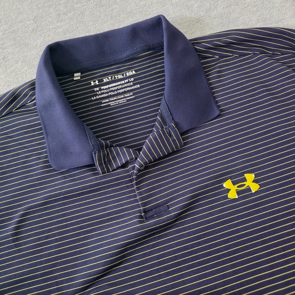 Under Armour Mens XLT Performance Polo Shirt Navy Blue Yellow Striped Loose Fit